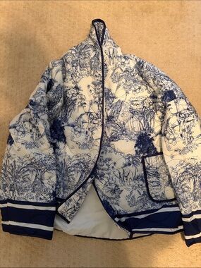 Blue and White Toile Print Quilted Jacket